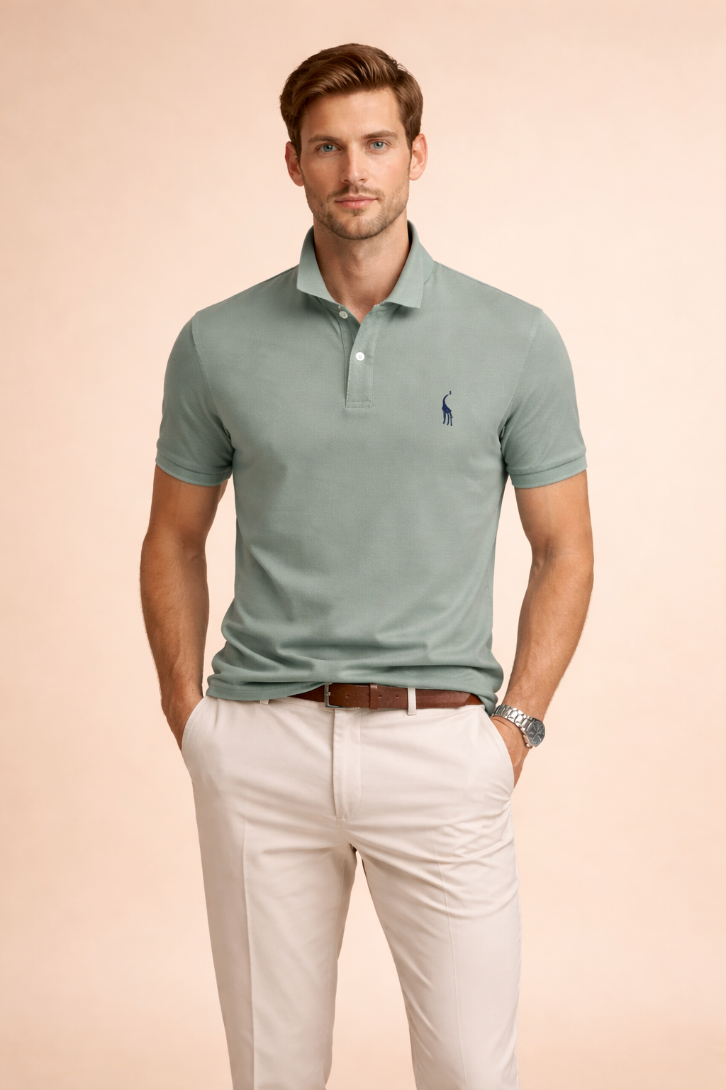 Detail shot of a men's collared, short-sleeve polo shirt, emphasizing the tailored fit and classic design.