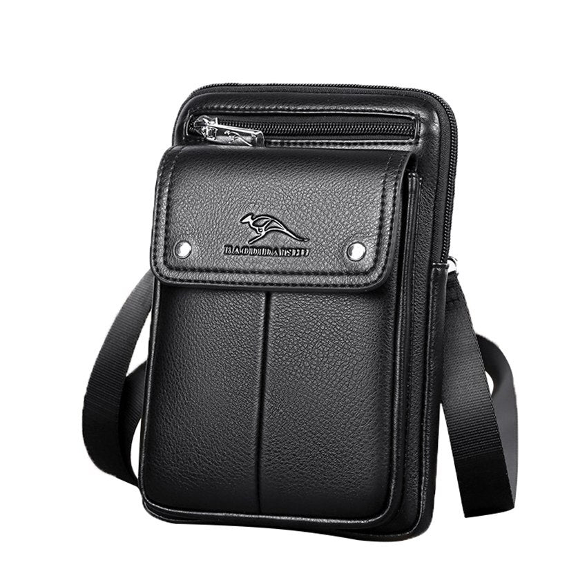 Men's compact PU leather crossbody bag in black with adjustable strap for daily essentials. Ideal small shoulder bag.