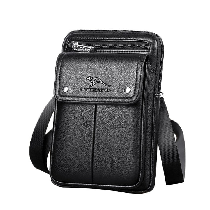 Men's compact PU leather crossbody bag in black with adjustable strap for daily essentials. Ideal small shoulder bag.
