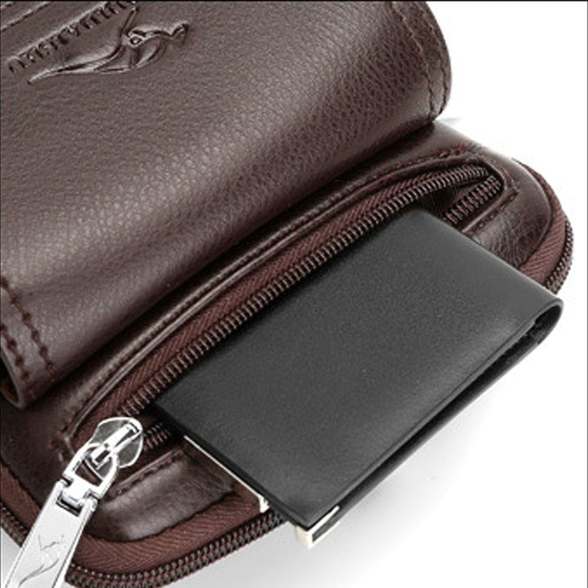 Durable men's PU leather crossbody bag with adjustable strap, perfect as a travel or commuter bag.