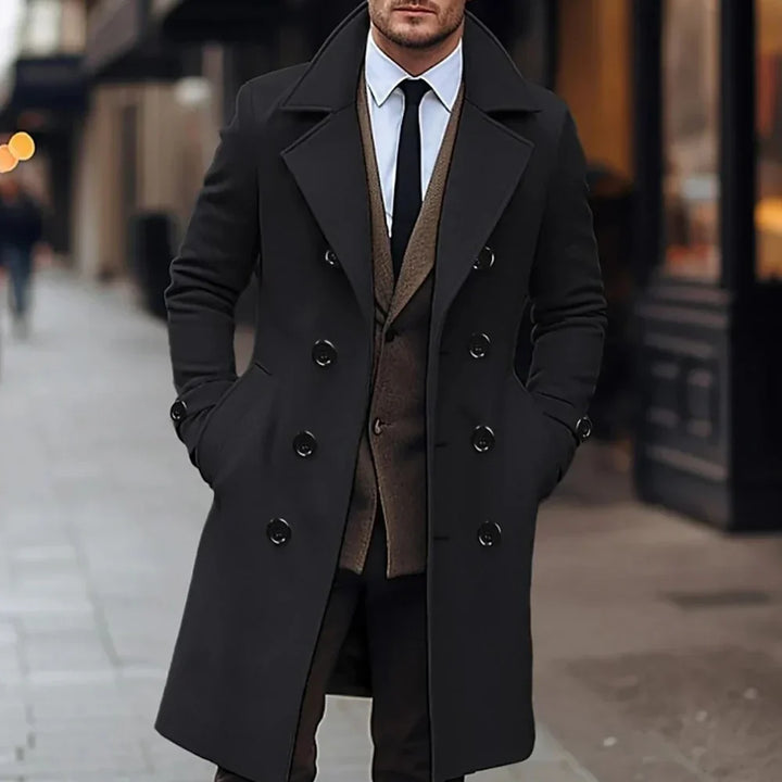 Men's elegant tailored coat in black, khaki, or dark gray. Sophisticated formal outerwear for professional style.