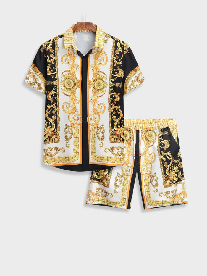 Men's elegant Italian Baroque summer set with intricate gold patterns, perfect for stylish holiday wear.