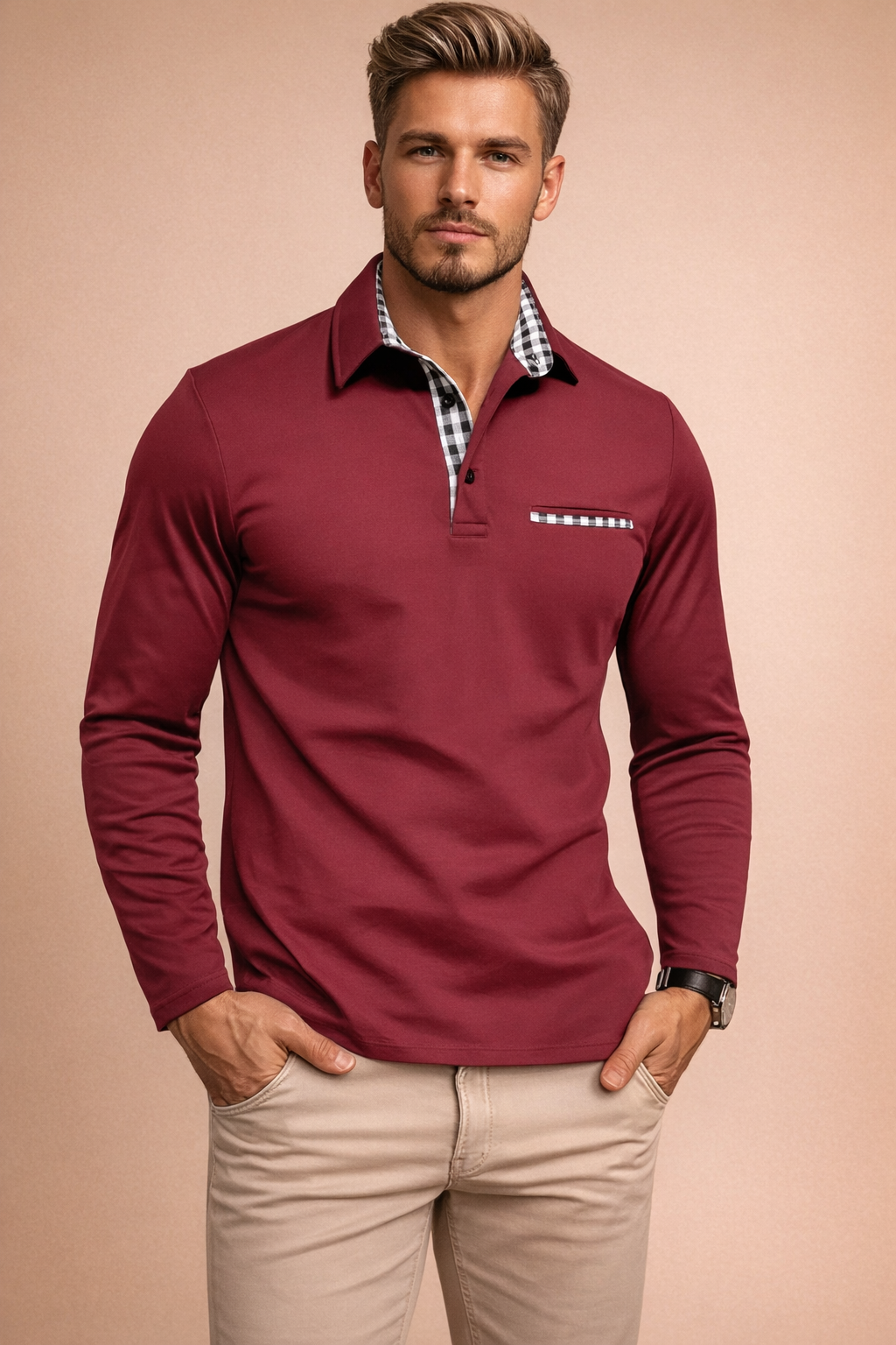 Close-up of men's elegant long sleeve polo shirt, highlighting the structured collar and sophisticated fabric texture.