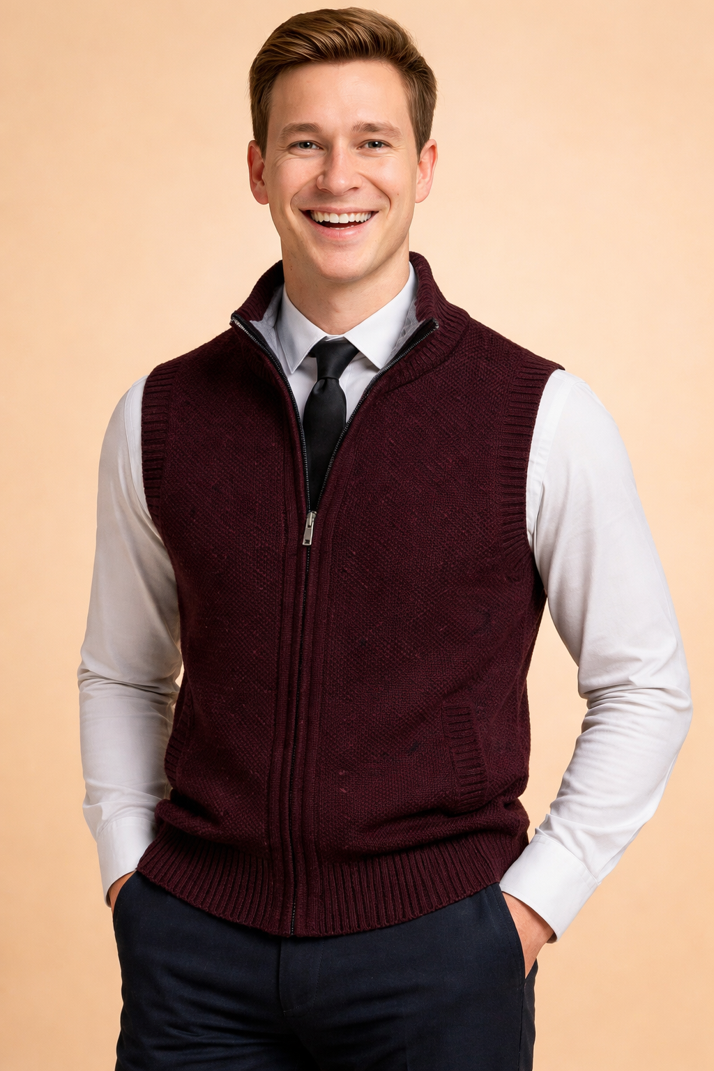 Tailored men's knit vest with full zip closure, ideal for smart casual men's clothing and layering outerwear.