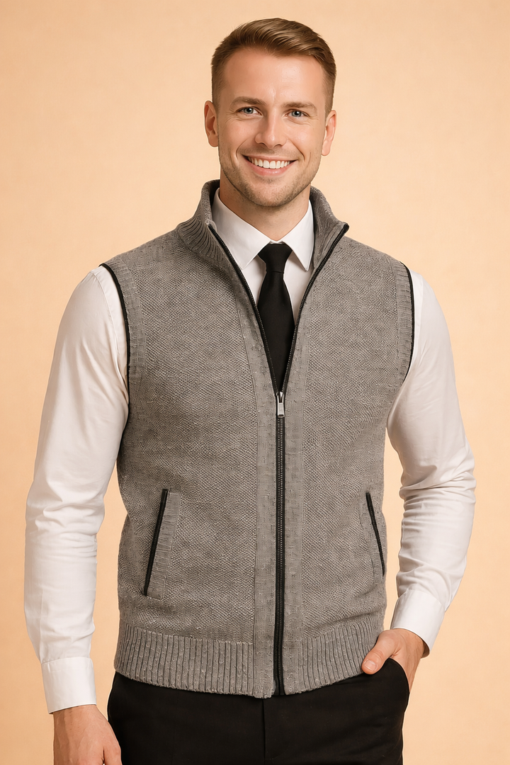 Versatile men's full zip knit vest in a sleek tailored design. Perfect smart casual layering piece for men's fashion.