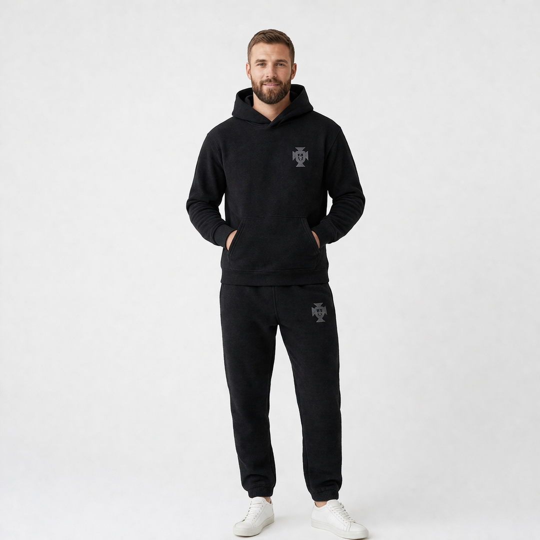 Winter fashion men's full body tracksuit with hood, great for staying warm while lounging or sleeping.