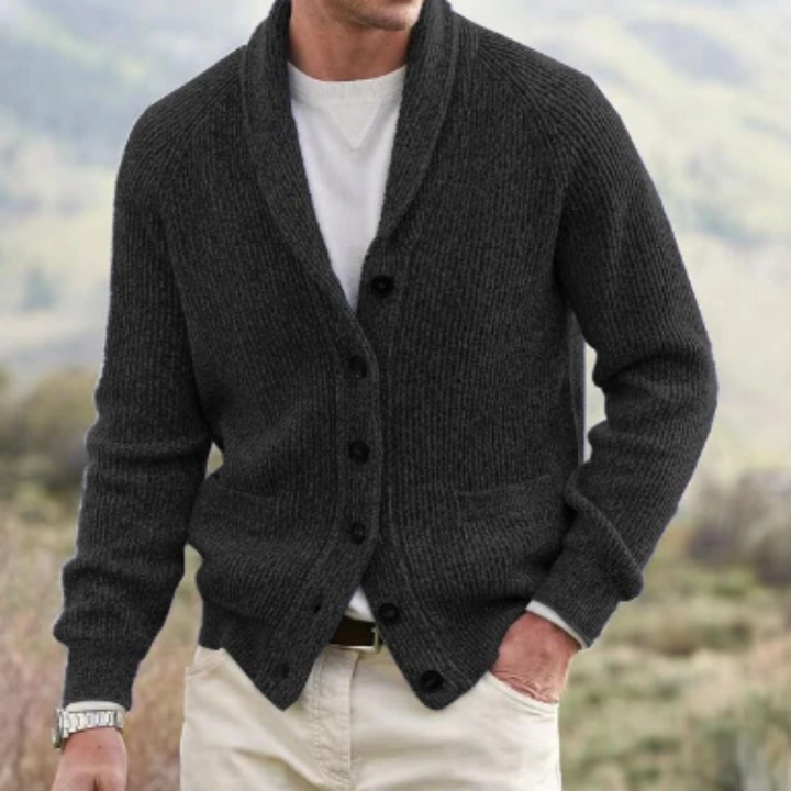 Men's knit cardigan with shawl collar & button front. Long sleeve for casual layering, fall/winter style.