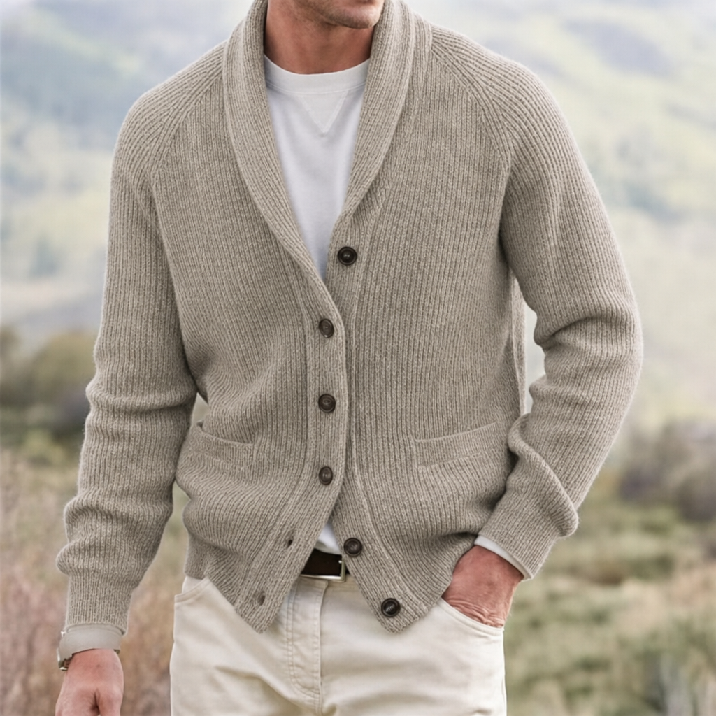 Men's button-front cardigan with elegant shawl collar. Long sleeve knit sweater for men's casual wear.