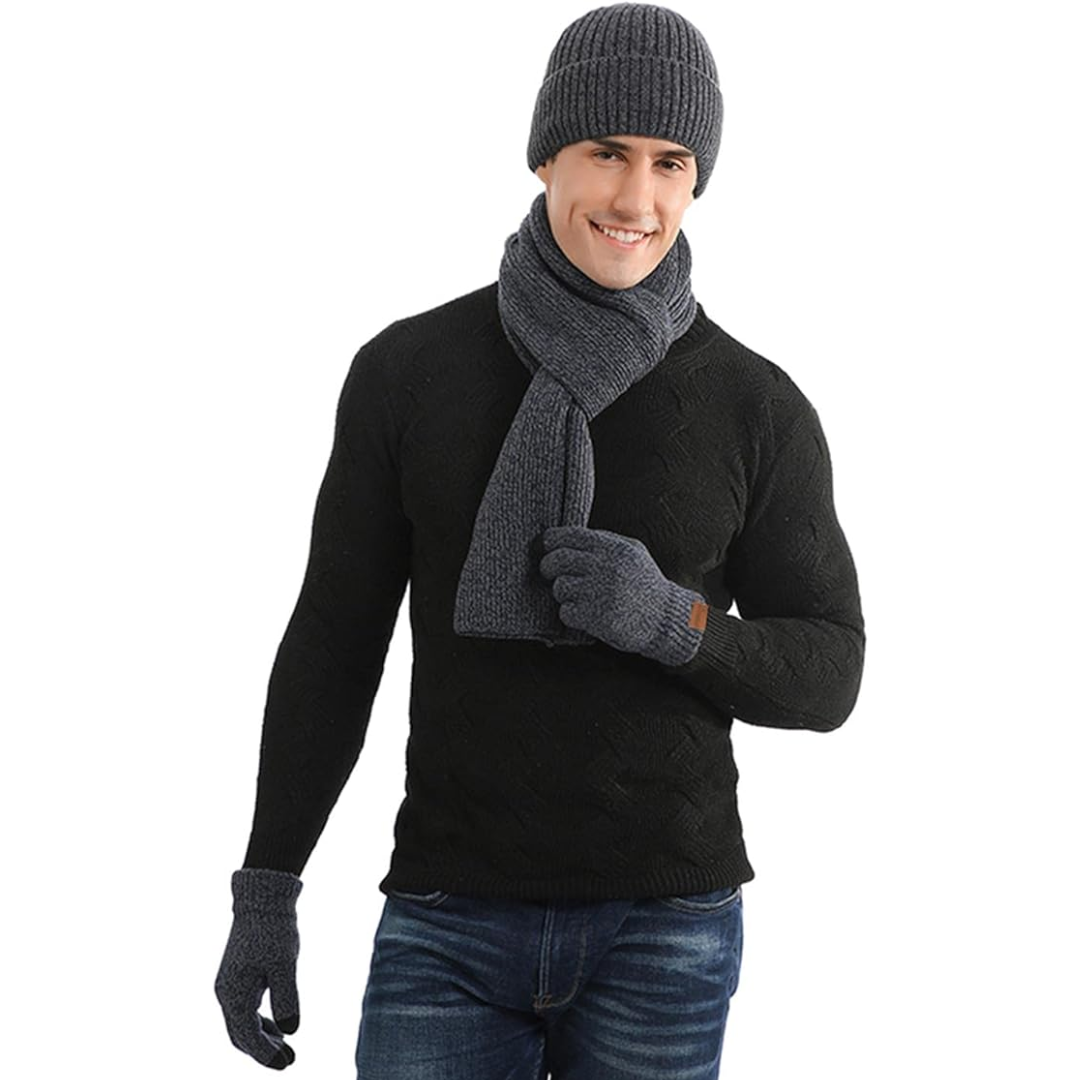 Men's essential winter set: Beanie, warm knit scarf & touchscreen gloves. Stay cozy!