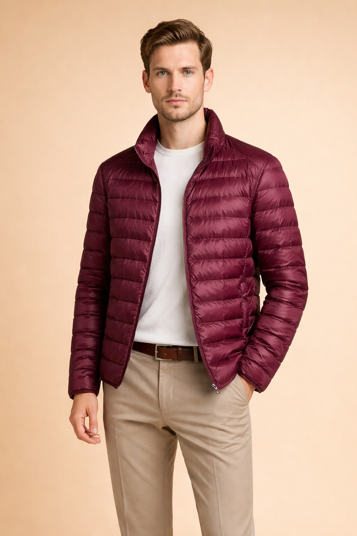 Men's lightweight quilted zip jacket, modern style & warmth for fall/winter urban fashion.