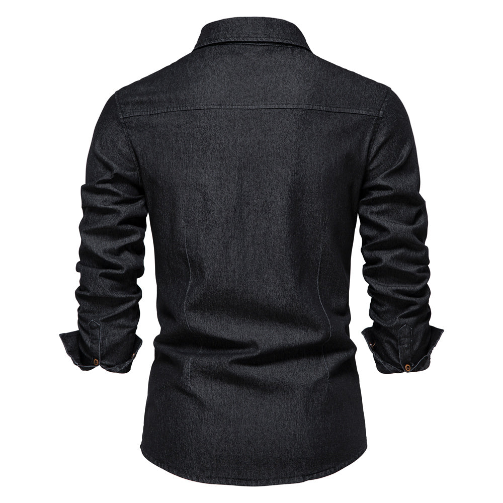 Men's stylish Logan denim shirt. Comfortable stretch cotton, long sleeve & slim fit for modern men.
