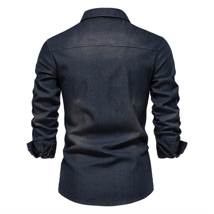 Versatile men's button-down denim shirt. Long sleeve stretch cotton for comfortable, casual style.