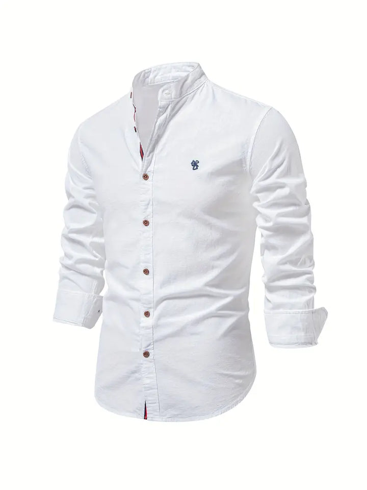 Men's long sleeve stand collar button-up casual shirt for everyday wear.
