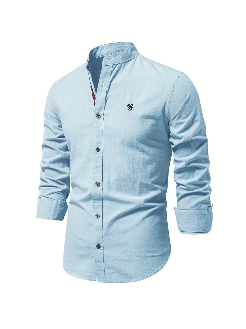 Everyday men's long sleeve casual shirt, button-up stand collar design for comfort & style.