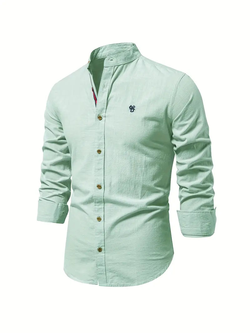 Plain regular fit men's long sleeve casual shirt with stylish stand collar.