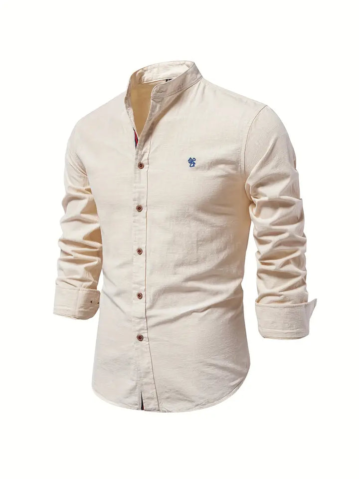 Stylish men's fashion long sleeve button-up shirt with stand collar for versatile everyday outfits.