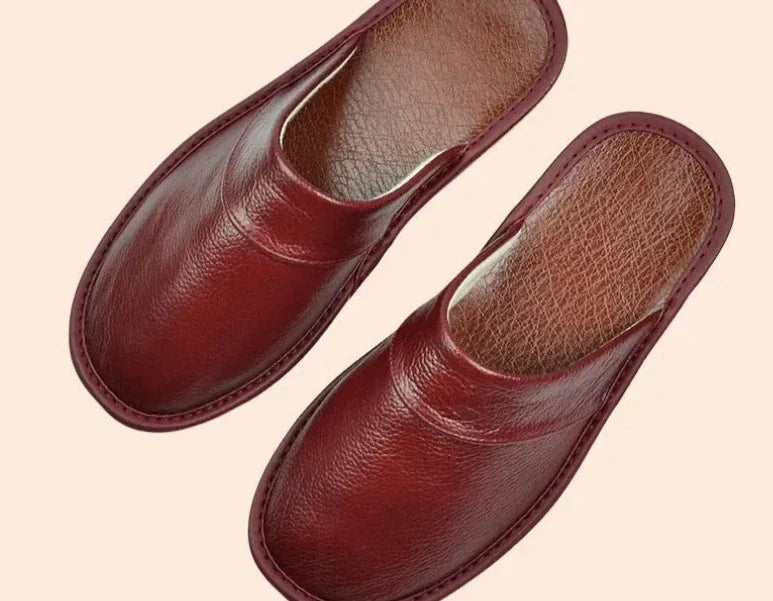 Warm leather men's slippers, ultimate cozy indoor footwear for comfort and casual home lounging.