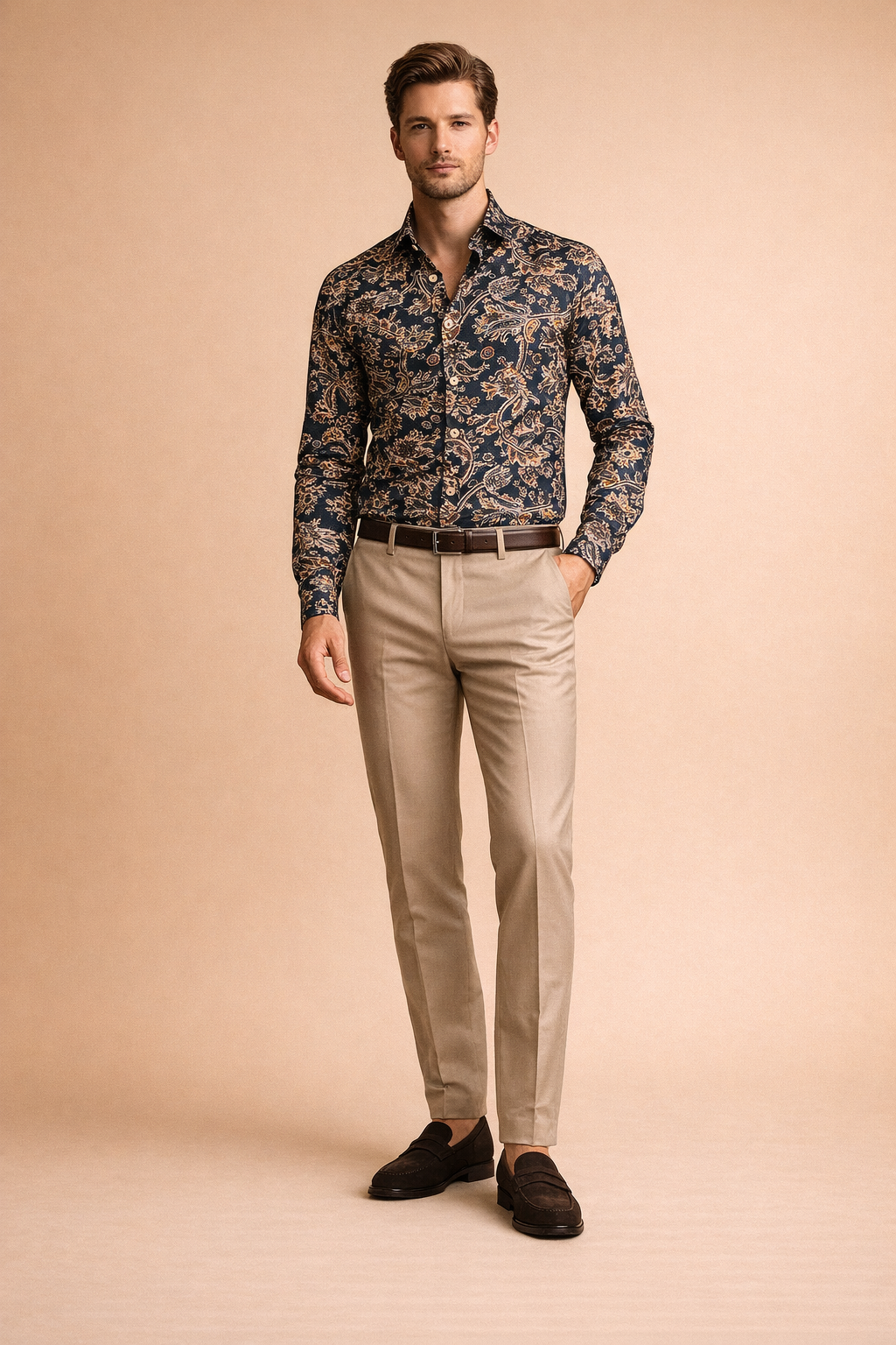 Close-up of stylish men's floral pattern shirt, long sleeve button-up for versatile casual fashion.