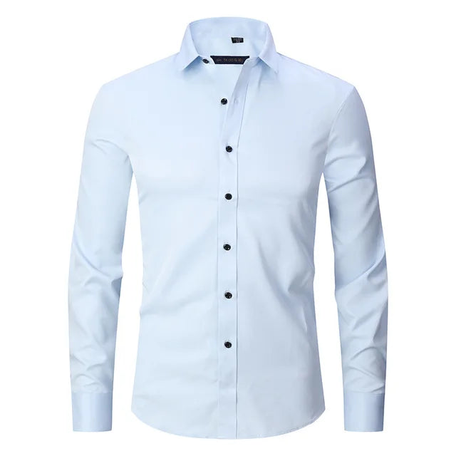 Modern men's fashion: Noah Wrinkle-Free Stretch Dress Shirt, a slim fit long sleeve for contemporary style.