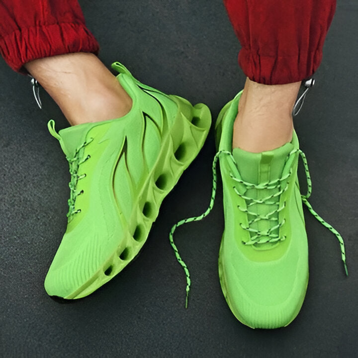 Close-up of men's comfortable orthopedic shoes, showcasing breathable design and arch support for walking.