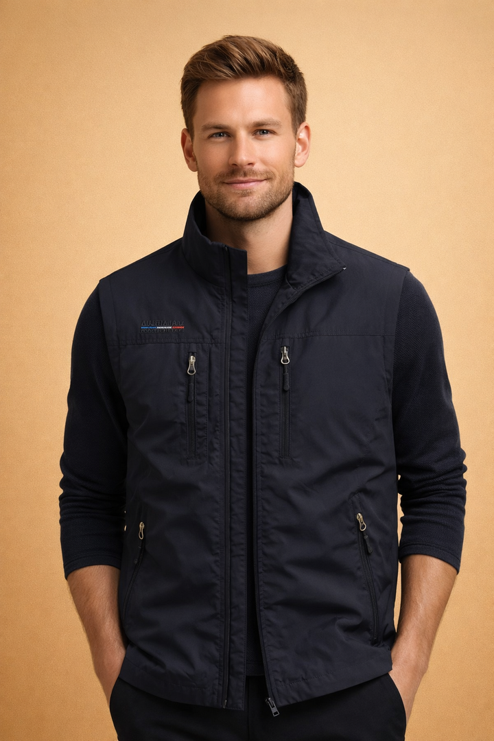 Rugged men's outdoor vest with practical multi-zip pockets for fishing, photography, or outdoor work.