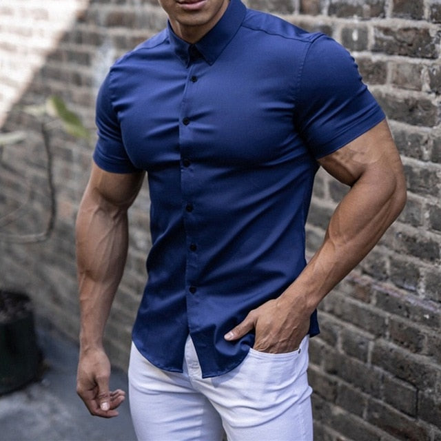 Stylish Men's Performance Stretch Muscle Fit Shirt, a fitted short sleeve tee offering flexibility for active men.