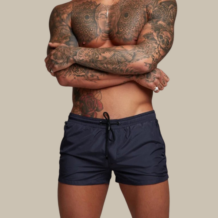 Men's athletic quick dry stretchy swim shorts, ultimate performance and style for summer beachwear.