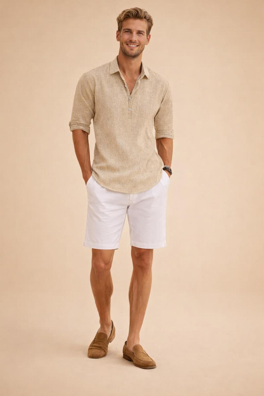 Versatile men's summer short sleeve button-down for beachwear or resort wear, offering a relaxed, comfortable fit.