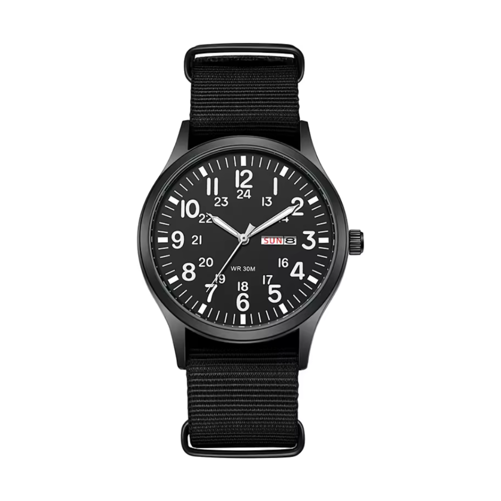Close-up of a men's robust military watch, highlighting its durable bezel, tactical features & bright, luminous sports dial.
