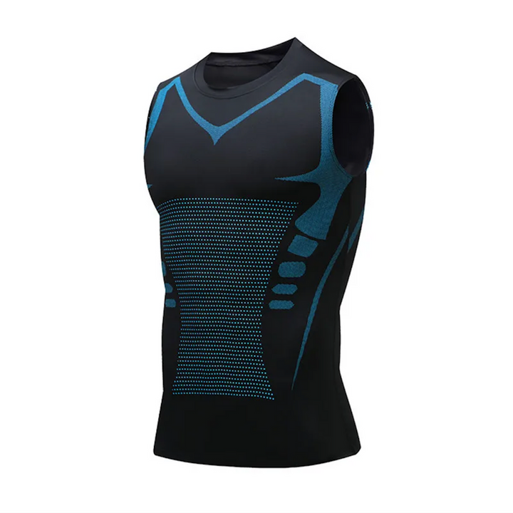 Comfort fit men's slimming vest. Full chest & core compression for a smoother silhouette. Breathable material.