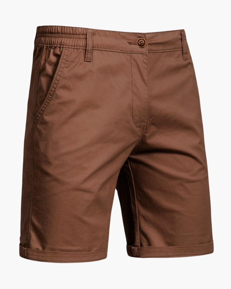 Side profile of men's tailored chino shorts, offering a sleek smart casual look for summer & warm weather apparel.