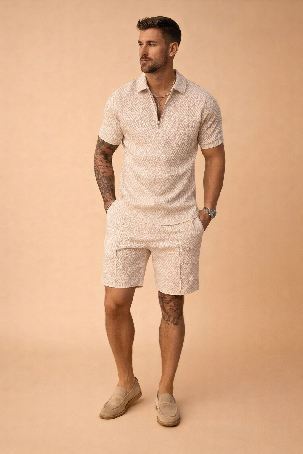 Close-up of a men's comfortable short-sleeve polo shirt from a smart casual summer set, ideal for leisure.