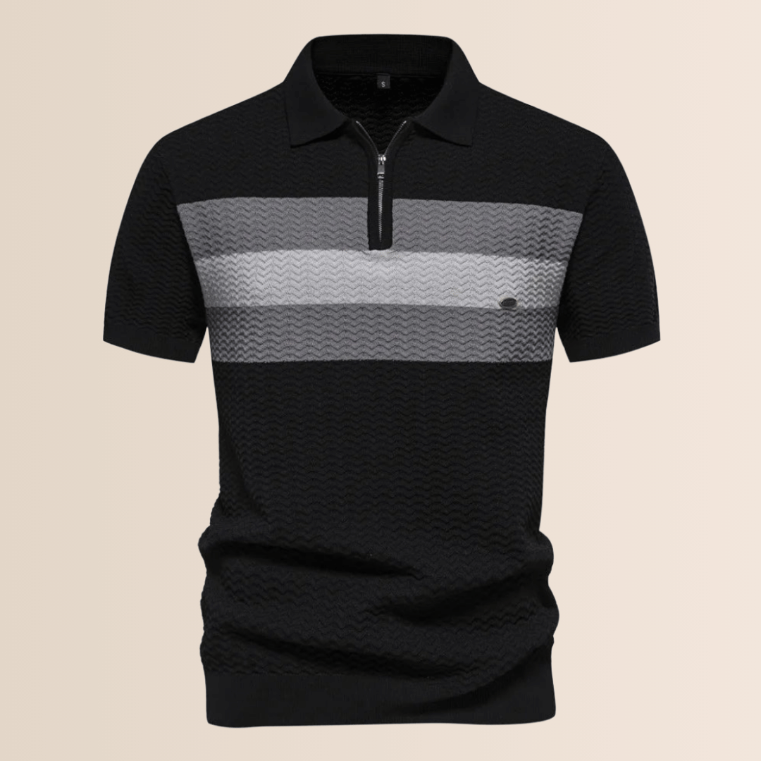 Stylish men's striped half-zip polo. Ideal summer casual wear, offering comfort & a fashionable look.