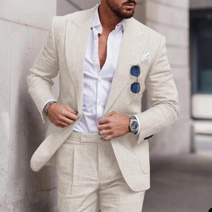 Army green men's 2-piece linen suit, a stylish choice for beach weddings and summer events.