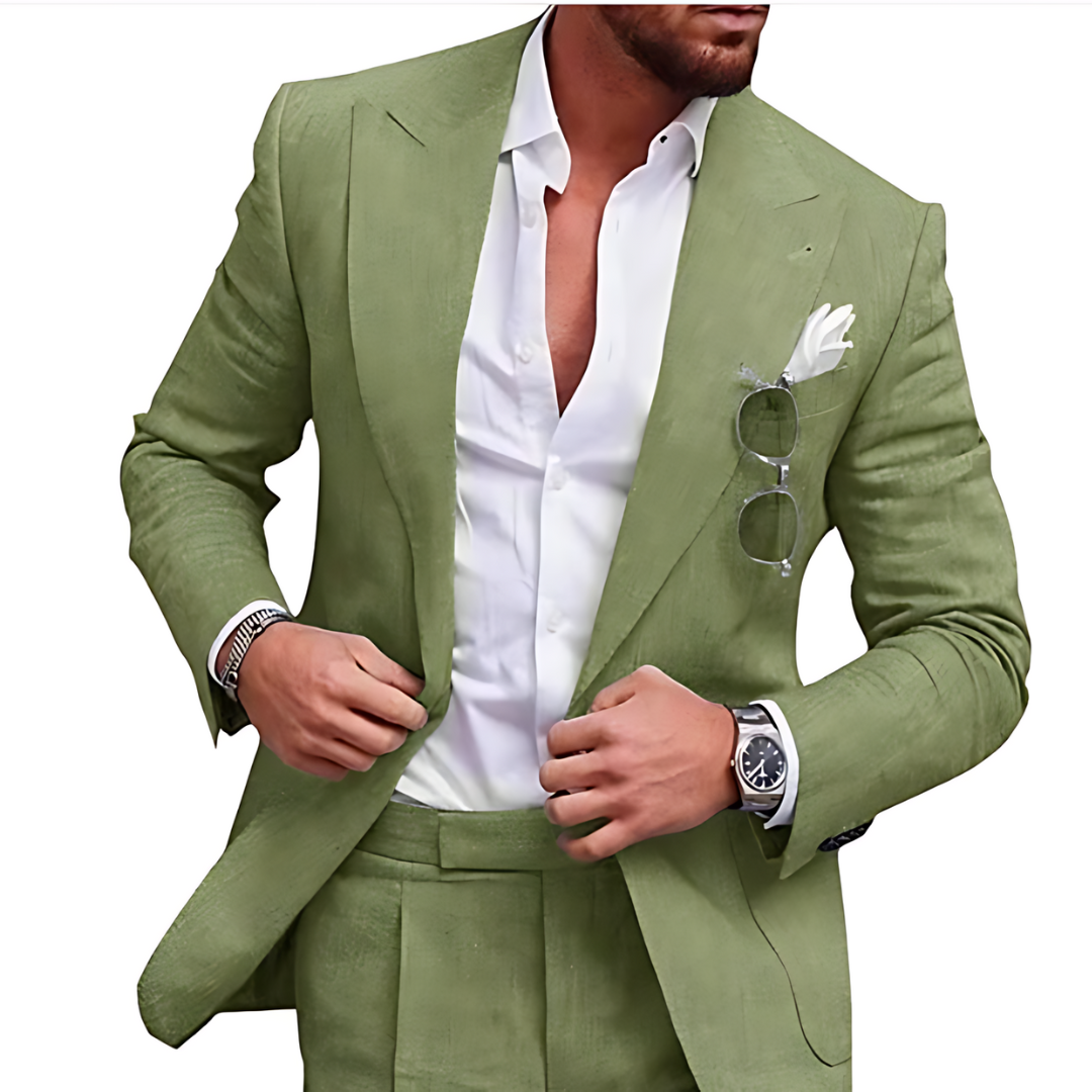 Trendy men's 2-piece linen suit, a stylish option for beach weddings & summer formal wear.
