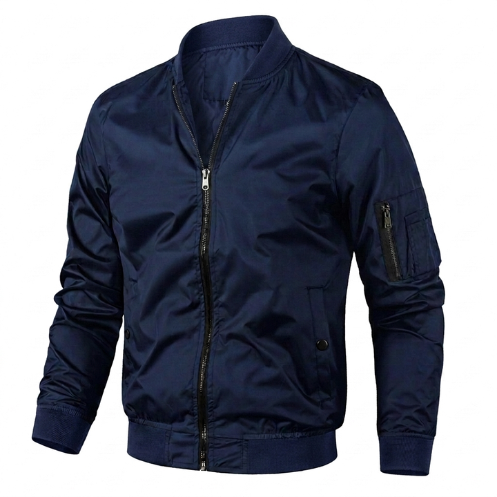 Stylish men's bomber jacket, a comfortable zip-up spring/autumn outerwear piece with a handy sleeve utility pocket.