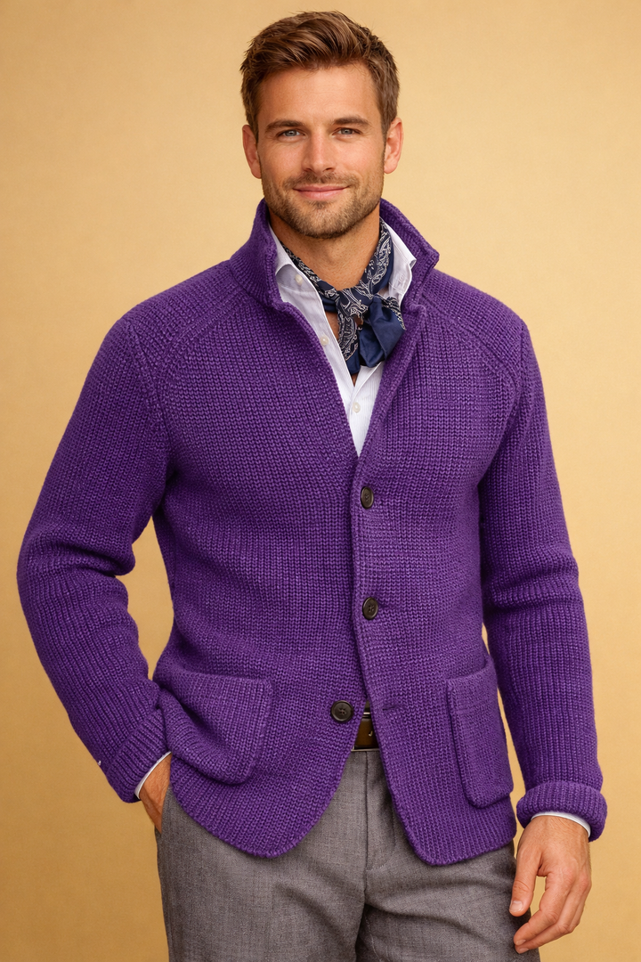 Front view of a men's stylish button-up cardigan, a comfortable & warm long-sleeve sweater for any occasion.