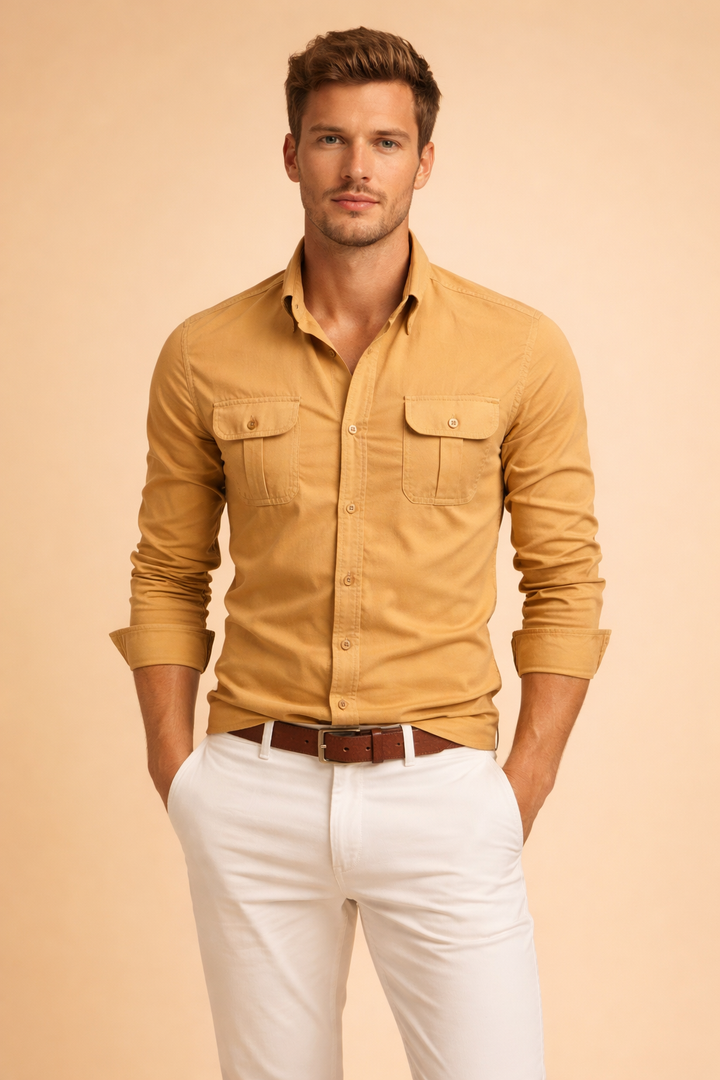 Texture detail of the fabric on a men's stylish casual shirt, highlighting its soft feel for daily wear.