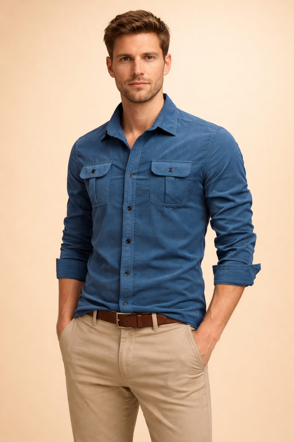 Man wearing a stylish casual button-up shirt, sleeves rolled, demonstrating modern everyday menswear.