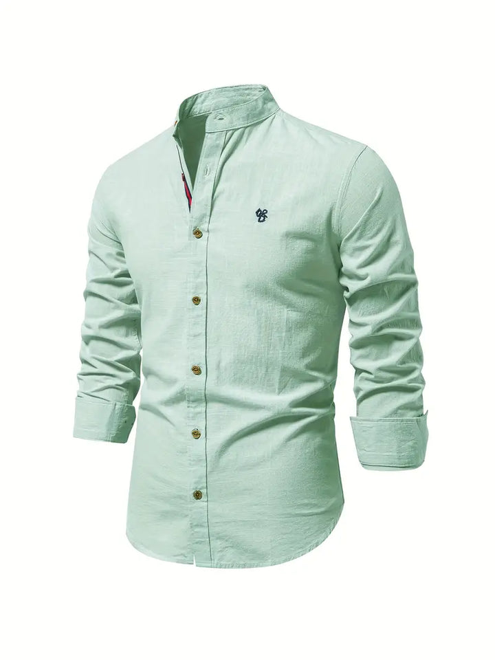 Menswear fashion: Stylish long-sleeve button-up shirt for men, ideal for spring's casual or formal occasions.