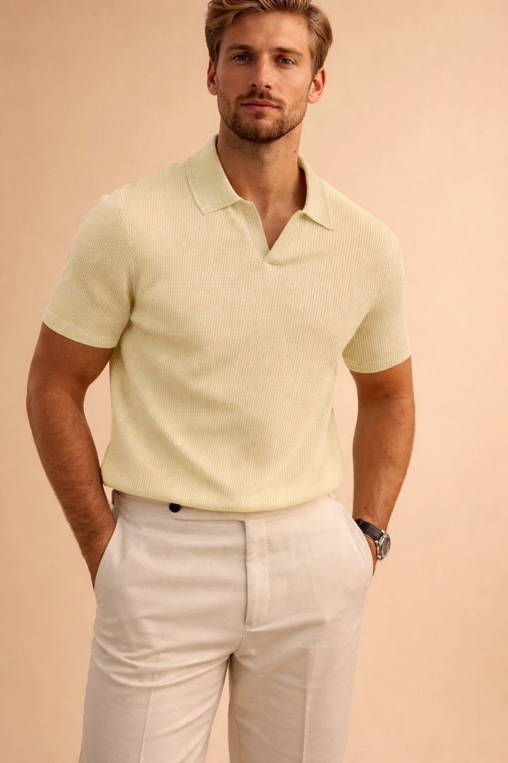Men's stylish open collar polo t-shirt in modern fit, perfect for smart casual summer fashion.