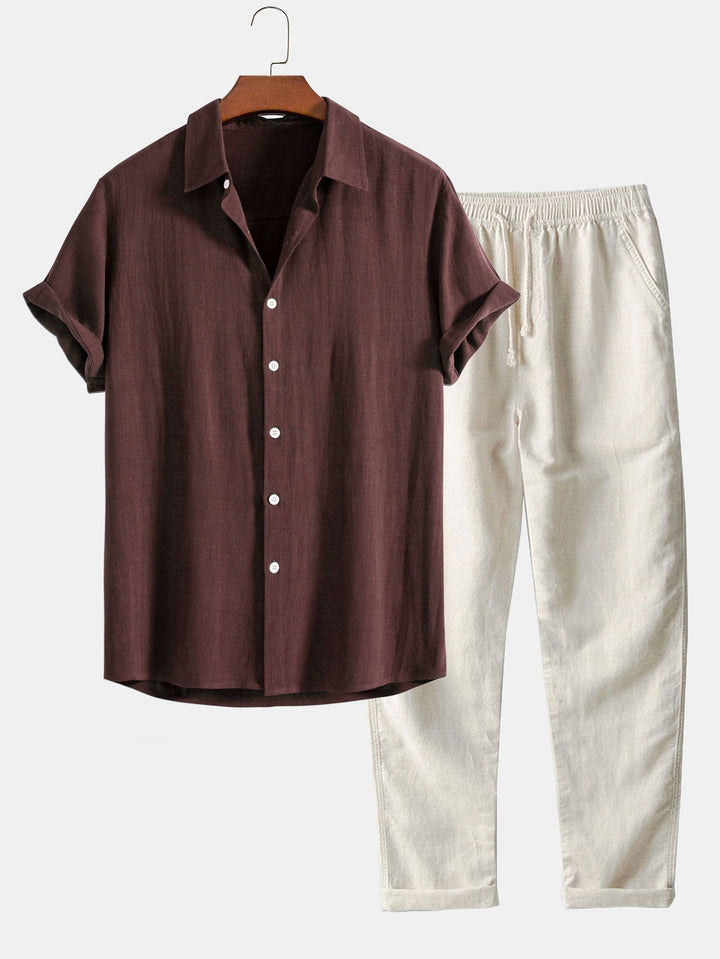 Stylish men's two-piece outfit: relaxed shirt and matching shorts, ideal for summer casual wear.