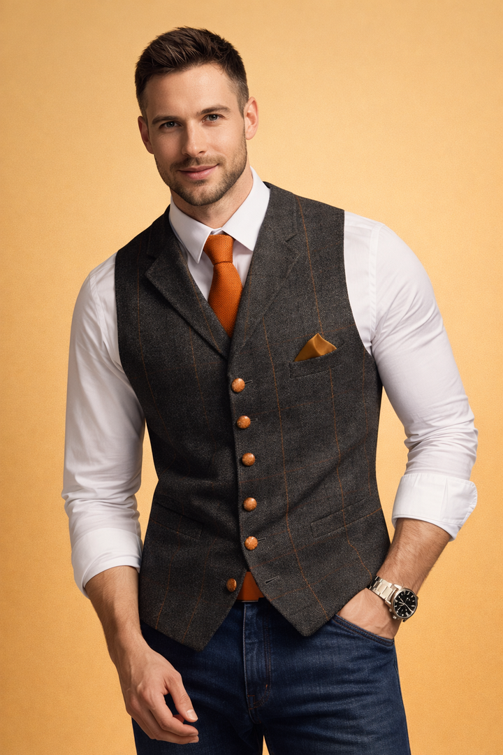 Stylish men's knitwear waistcoat vest, tailored fit & button front, essential for formal and smart casual menswear.