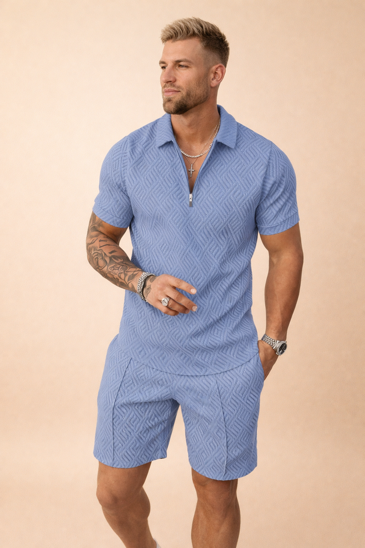 Men's fashion set featuring a comfortable textured polo and smart tailored shorts.