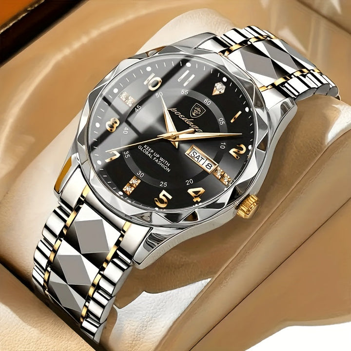 Clear close-up of men's titanium sports watch, highlighting its precise dual display and chronograph.