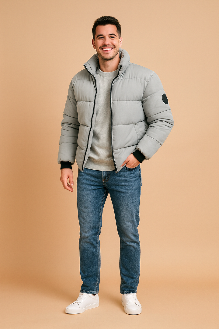 Men's urban style puffer jacket for winter. Warm, insulated outerwear, ideal for cold weather fashion & comfort.