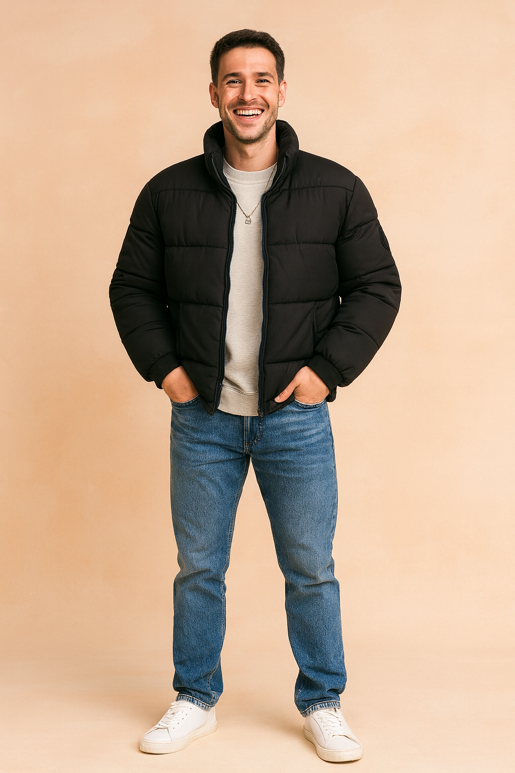 Quilted men's winter puffer jacket with premium insulation. Stylish urban fashion coat for cold weather protection.