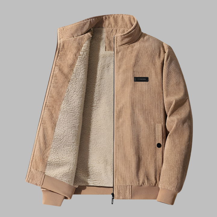 Stylish men's corduroy winter jacket, plush lined. Casual zipper coat, ideal for cold weather men's fashion.