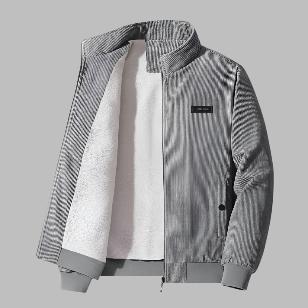 Plush-lined men's corduroy winter jacket, warm and casual. Zipper outerwear, ideal for cold weather everyday wear.