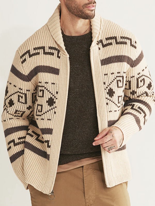Men's zip-front cardigan with distinctive geometric knit pattern, ideal for casual layering.